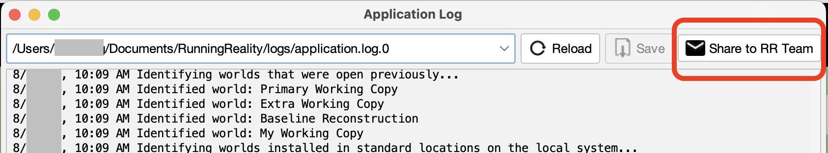 The button to click to share the log files