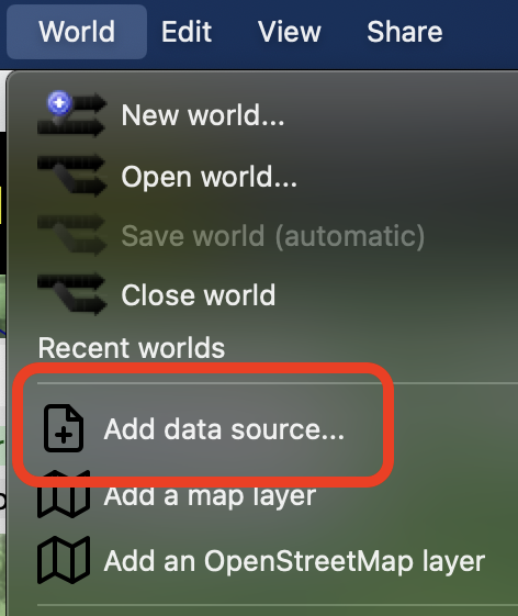 The world menu and the add data menu item.